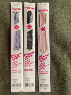 New Coats and Clark 7” polyester zippers. Set of 3. Lilac, black and light pink